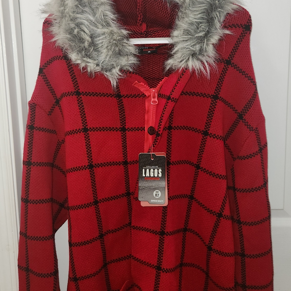 Red Plaid Jacket with Faux Fur Collar
